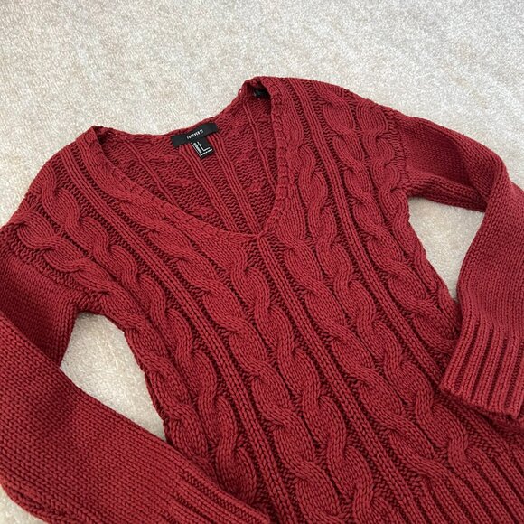 Forever 21 Cotton Chunky Cable Knit Red V-Neck Long Tunic Sweater S - Picture 3 of 9